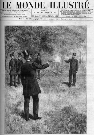 El duelo del General Georges Boulanger (1837-1891), Ministro de Guerra y el Barón Lareinty, Senador. Grabado en "El Mundo Ilustre" 1886. de French School