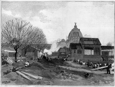 El sitio de movimiento de tierras para la instalación de la fuente monumental en París para la exposición mundial de 1889 de French School