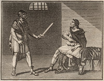 El eminente general Mario, huyendo de Sila, es capturado en Minturnae, pero nadie se atreve a matarlo, ni siquiera un esclavo extranjero. de French School
