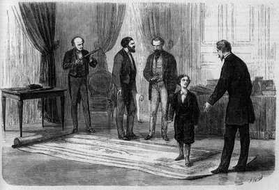 El ingeniero Boutet presentó su plan para un puente ferroviario entre Francia e Inglaterra al emperador Napoleón III (1808-1873), en presencia de su hijo el Príncipe Imperial (1856-1879) de French School