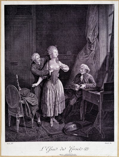 El ensayo del corsé (dos hombres y una mujer con los pechos descubiertos) - grabado del siglo XVIII de French School