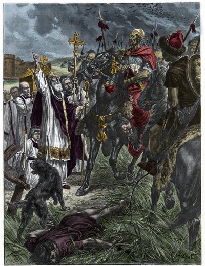 El obispo Saint Loup de Troyes detiene a Atila, rey de los hunos, antes de Troyes - Invasiones bárbaras - Grabado después de la pintura de H. Grobert. de French School