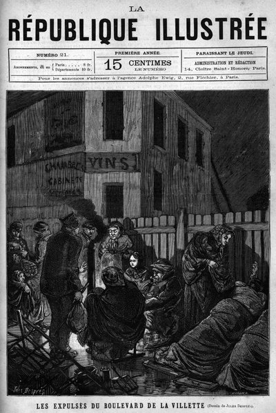 Los desalojos del Boulevard de la Villette: trabajadores expulsados de una ciudad parisina deben dormir en la calle. Un periódico. Grabado de 1880 en "La republique illustree". Colección privada. de French School