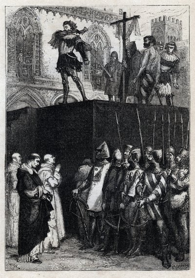 La ejecución de Conradino (o Conrado de Hohenstaufen) Rey de Sicilia y Duque de Suabia (1252-1268) por orden de Carlos de Anjou después de la batalla de Tagliacozzo en 1268 (Ejecución de Conradino (o Conrado el joven), último rey Staufer de Sicilia, despué de French School