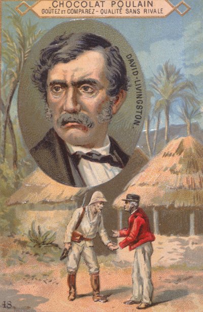 El explorador David Livingstone (1813-73) y su encuentro con Stanley (1840-1904) en Ujiji el 27 de octubre de 1871, tarjeta comercial publicitaria de chocolate Poulain de French School