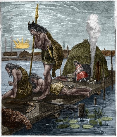 Los primeros parisinos, o habitantes de Lutecia (París) (choza sobre pilotes) Grabado de 