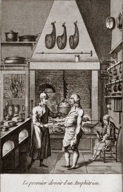 El primer deber de un anfitrión - grabado en "Almanaque de gourmets, sirviendo como guía en formas de hacer excelente comida. Por un viejo aficionado" por Alexandre Balthazar Laurent Grimod de la Reynière - 1804-1812 de French School
