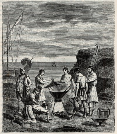Los primeros navegantes en el archipiélago griego obtenían agua dulce vaporizando agua de mar - Grabado en “Ciencias al alcance de todos - Física y química popular” de Alexis Clerc - Finales del siglo XIX - Colección privada de French School