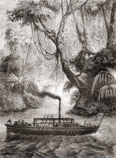 La primera prueba exitosa del barco de vapor Perseverance de John Fitch en el río Delaware, América, 22 de agosto de French School