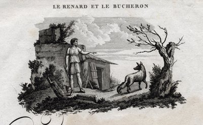 El zorro y el leñador. Fábula de Esopo. Escrita por Guillaume Montfort y grabada por Beauble en 1801. de French School