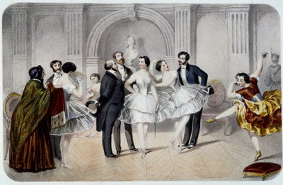 El vestíbulo de la Ópera (Ópera Garnier en París). Una bailarina de tutú charlando con caballeros que vinieron a saludarlas o dando unos pasos de baile. Grabado de French School