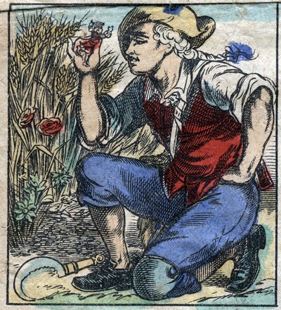 El gigante de Brobdingnag atrapó a Lemuel Gulliver. Ilustración para "Los viajes de Gulliver" de Jonathan Swift (1667-1745). Imagen de Epinal finales del siglo XIX. de French School