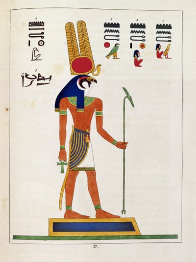 El dios Mandou, ilustración de Pantheon egyptien: colección de personajes mitológicos del antiguo Egipto, por Jean-Francois Champollion, publicado c.1986 de French School