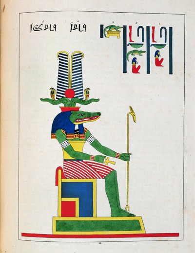 El dios Sovk, ilustración de Pantheon egyptien: colección de personajes mitológicos del antiguo Egipto, por Jean-Francois Champollion, publicado c.1986 de French School