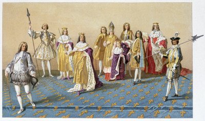 Los grandes dignatarios en la coronación de Luis XV: Marqués de Dreux, Mariscal de Villards, Duque de Harcourt, Arzobispo Duque de Reims, Luis XV, Príncipe Carlos de Lorena, Duque de Villeroy, Duque de Armonville - cromo de French School
