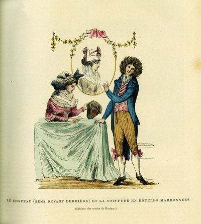 El sombrero, sentido en frente de la espalda y el peinado en rizos marrones de French School