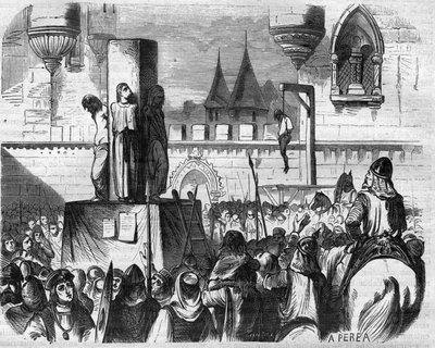 Los herejes colgados y quemados en la carnicería por los sacerdotes de Gilbert de la Porree, Bernardo de Claraval y Abad Suger, Francia de French School