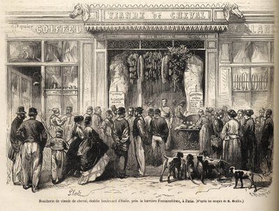 La carnicería de caballos en la barrière de Fontainebleau (París) abierta en 1866 - carnicería de caballos - Boucherie Meat de Cheval Boulevard Italie cerca de la barrière de Fontainebleau 1866) Grabado en "Le monde illustré" de 1866 de French School