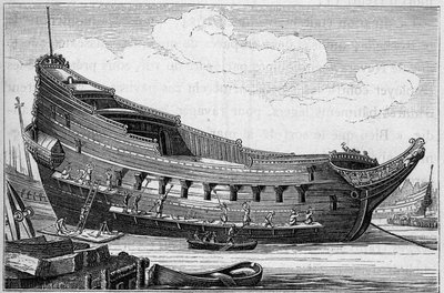 El casco de un gran barco en el siglo XVII. Grabado en 