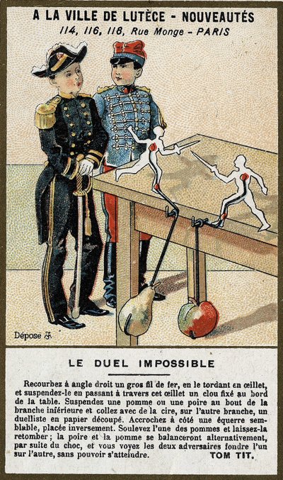 El duelo imposible: carta infantil explicando un juego para construir uno mismo. Cromolitografía del siglo XIX. de French School