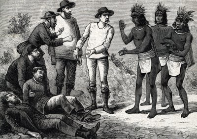 Los habitantes de Perú ayudando a los europeos coloniales que sufren de malaria con Cinchona (grabado) 1888 de French School