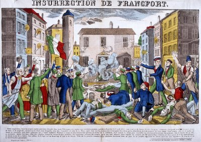 La insurrección de Frankfurt el 3 de abril de 1833, capital de la Confederación Alemana. Imagen de Epinal de French School