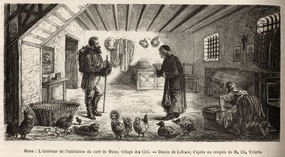 El interior de la casa del cura de Mune, pueblo de Les Cici, que alberga al narrador en la sala principal, donde una mujer lava la ropa de rodillas, junto a las aves de corral que viven allí en completa libertad, grabado después de un dibujo de Lafosse il de French School