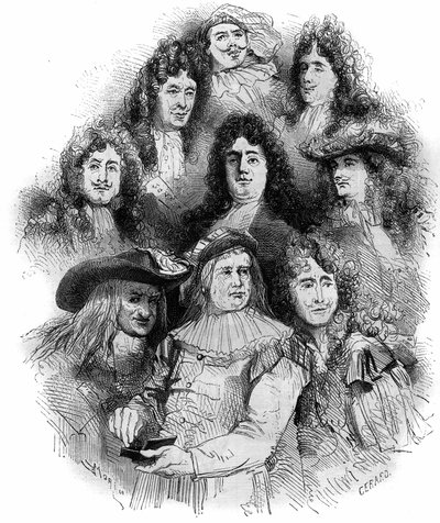 Los intérpretes de Molière en la Comédie-Française en 1862-1863. De abajo hacia arriba: Provost (Arnolphe), Joseph Samson (1893-1871) (Sganarelle), Geffroy (Clitandre), Bressant (Don Juan), Edmond Got (1822-1901) (Trissotin), Louis Delaunay (1826-1903) (Ho de French School