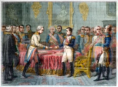 La entrevista de Erfurt, 27 de septiembre - 14 de octubre de 1808 - Napoleón I recibiendo al Barón Vincent, diplomático austriaco y enviado del Emperador de Austria a la derecha Alejandro I de Rusia (1777-1825) - Asamblea de Príncipes en Erfurt el 27 de se de French School