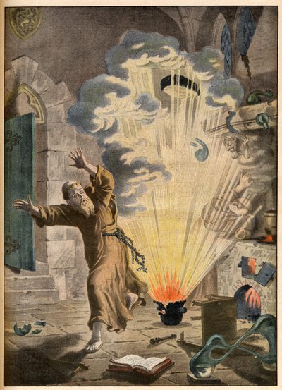 La invención de la pólvora por el monje y alquimista alemán Berthold Schwartz (ca. 1318-1384) - Ilustres invenciones. La pólvora. Ilustración para Le petit Journal, 27 de enero de 1901 de French School