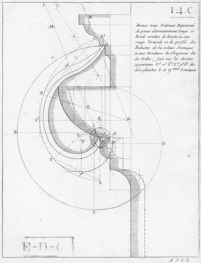 El capitel jónico, ilustración de un libro sobre geometría, publicado Avec Privilege du Roy et E.. du Gouvernement de French School
