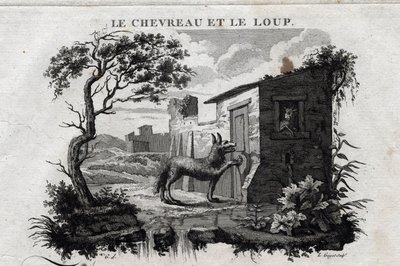 El cabrito y el lobo. Fábula de Esopo. (Escritor griego Esopo o Ecopo, siglo VI a.C.) Escrito por Guillaume Montfort y grabado por Beauble en 1801. de French School