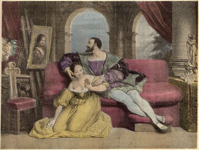 El rey de Francia Francisco I (1494-1547) y la hermosa herrería. Litografía de Daveria de 1838 en "Risas y Galantería". Colección Semanal de Imágenes Galantes bajo la dirección de John Grand-Carteret. 1903-1904 de French School