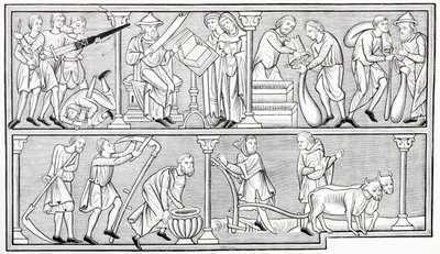 Los trabajos de la guerra, la ciencia, el comercio y la agricultura, después de una miniatura en un salterio del siglo XIII, de Les Arts au Moyen Age, publicado en 1873 de French School