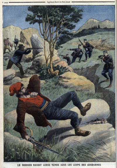 El último bandido corso cae bajo los golpes de los gendarmes: "Le Petit Journal" del 5 de diciembre de 1909 (grabado) de French School