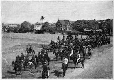 La última revisión del Presidente Etienne Felicite Salomon (1820-1888) en Puerto Príncipe, Haití. de French School