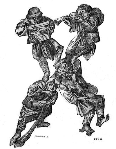 La letra X del alfabeto grotesco compuesto por cuatro personajes musicales, hecho en 1466. En "La tienda pintoresca" 1836 de French School