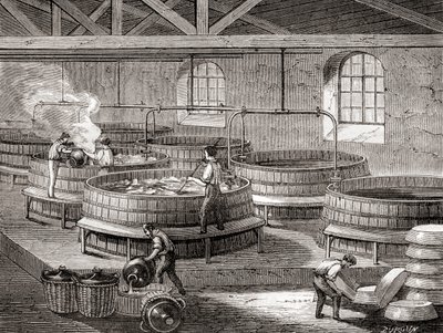 La fabricación de jabón en grandes cubas en el siglo XIX, de "Les Merveilles de la Science", publicado hacia 1870 (grabado). de French School