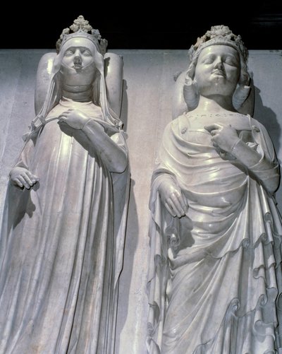 Los depósitos de mármol de la Reina Juana de Evreux (1307-1371) y el Rey Carlos IV El Hermoso (1294-1328). Es el mismo modelo que el de Maubuisson, hecho por orden de la reina por Jean de Liege (conocido alrededor de 1357-1381). Basílica de Saint Denis, ne de French School