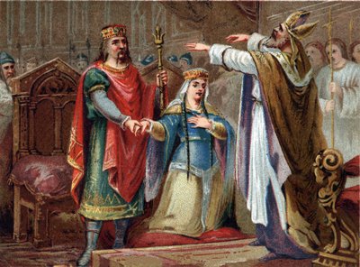 El matrimonio de Clodoveo (481-511) Rey de los Francos con Clotilde en 493. Cromolitografía de finales del siglo XIX de French School