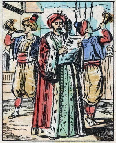 El matrimonio de la hija del Sultán con el hijo del Gran Visir es anunciado por un lector público. Grabado del cuento de Las mil y una noches “Aladino y la lámpara maravillosa”. Imágenes de Epinal, finales del siglo XIX. Colección privada. de French School