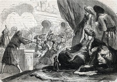 La masacre del ejército de los jenízaros en 1826 por el sultán Mahmud II, Constantinopla (grabado) 1864 de French School