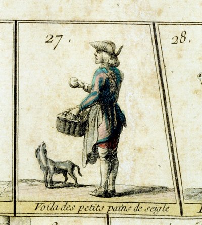 El mercader de rollos de centeno Detalle de un juego de la oca de los gritos y viejos metiers de París. Siglo XVIII Colección privada de French School
