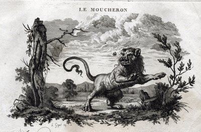 Las moscas. Fábula de Esopo. (Escritor griego Esopo, siglo VI a.C.) Escrita por Guillaume Montfort y grabada por Beauble en 1801 de French School