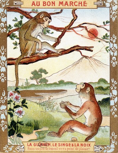 El mono y la nuez (Fábula de La Fontaine) - viñeta publicitaria du Bon Marché de French School