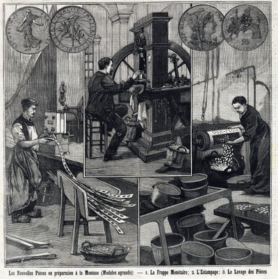 Las nuevas monedas francesas en preparación tienen las monedas y las etapas de fabricación (tipificación monetaria, estampado y lavado de monedas). En "Le Petit Parisien" de French School