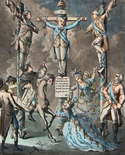 El nuevo calvario, Luis XVI puesto en la cruz por las revueltas - 2. y 3. Monsieur (Luis Estanislao Xavier, Conde de Provenza (1755-1824), Luis XVIII) y el Conde de Artois (Carlos Felipe (1757-1836) Carlos X), hermanos del Rey, apoyados por los decretos de de French School