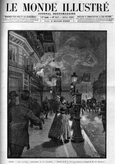 Las nuevas alarmas de incendio en París en 1888. Portada de “El Mundo Ilustre” de 1888. de French School