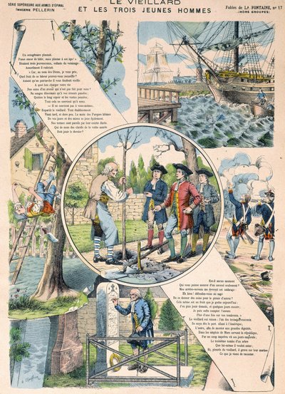 El anciano y los tres jóvenes - Fábulas de La Fontaine en imágenes de Epinal de French School