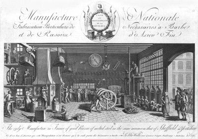 La única manufactura en Francia de buenas navajas de acero fundido de la misma manera que la de Sheffield en Inglaterra, Yorkshire, finales del siglo XVIII de French School